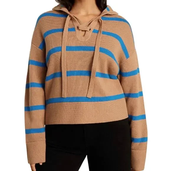 NWT EVERLANE Women’s Camel and Blue Striped Lace Up Sweater Small - Picture 1 of 4